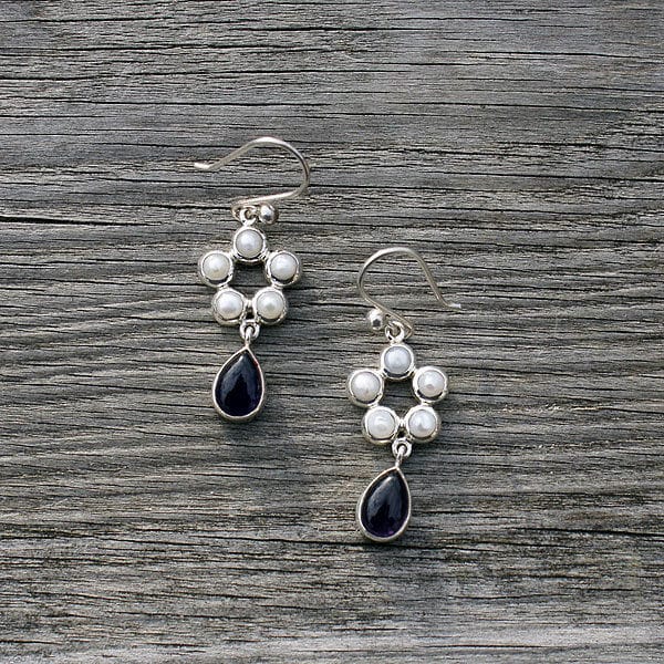 Sterling Silver Pearl and Amethyst Drop Earrings