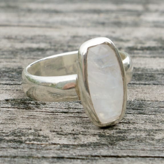 Silver Rectangle Rainbow Moonstone Ring