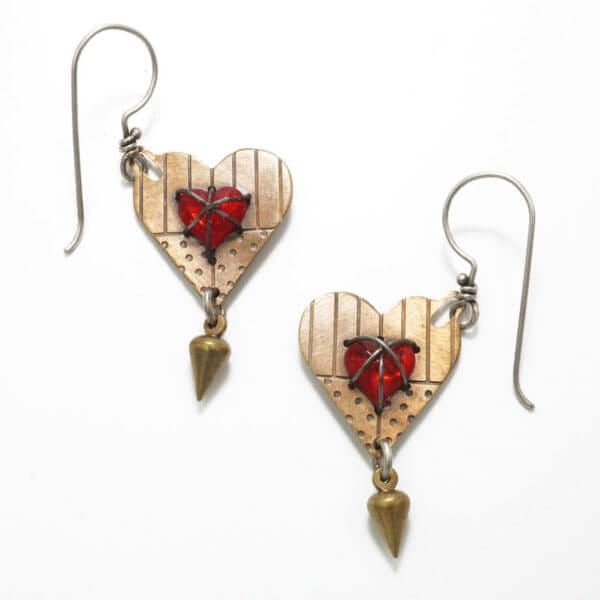 Small Etched Heart with Crystal Earrings Bronze